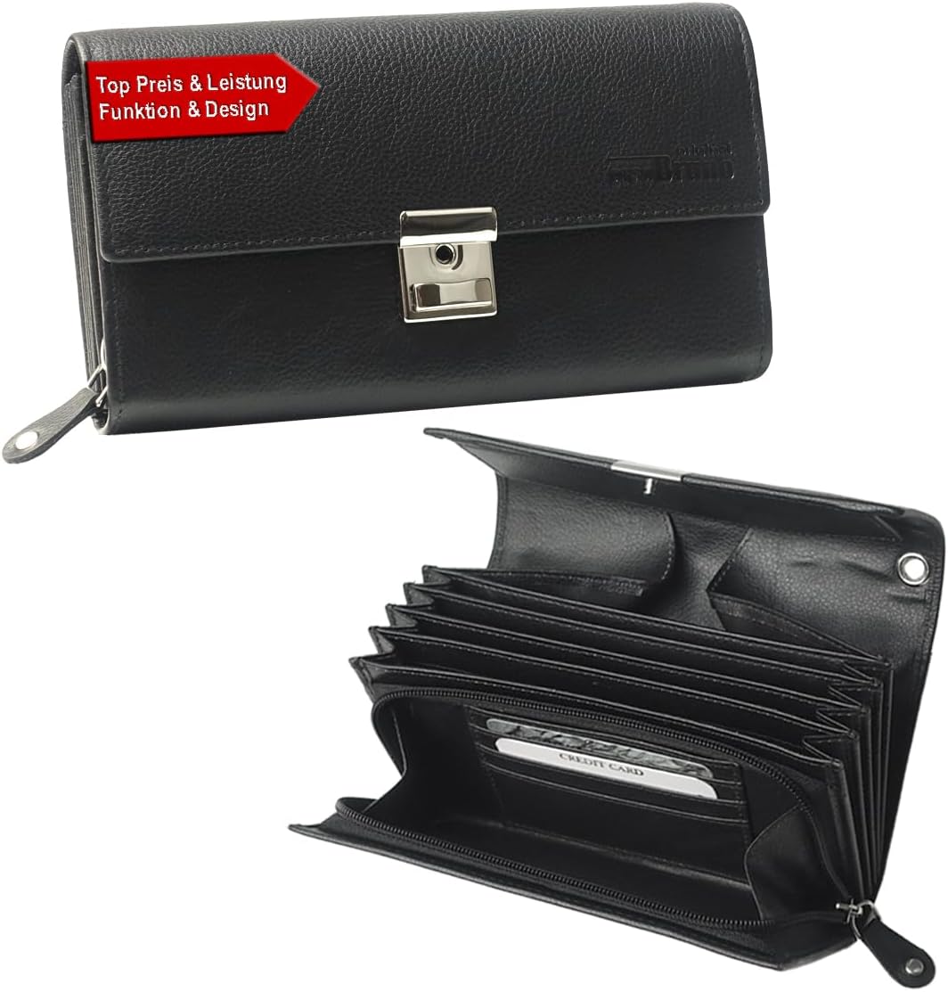 Echt-Leder Kellnerbörse Taxi Geldbörse Leder schwarz Kellner-Portemonnaie Kellner-Geldbörse Geldbeutel Portmonee mit großem Münzfach für Damen Herren