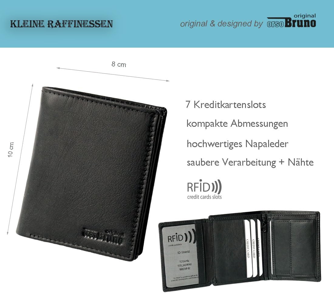 Mini Geldbörse Leder Herren schwarz RFID Schutz, kleine Herren Minigeldbörse Echtleder, Mini-Geldbeutel Kartenetui schwarz Portemonnaie klein, flaches schlankes schmales Portmonee Männer