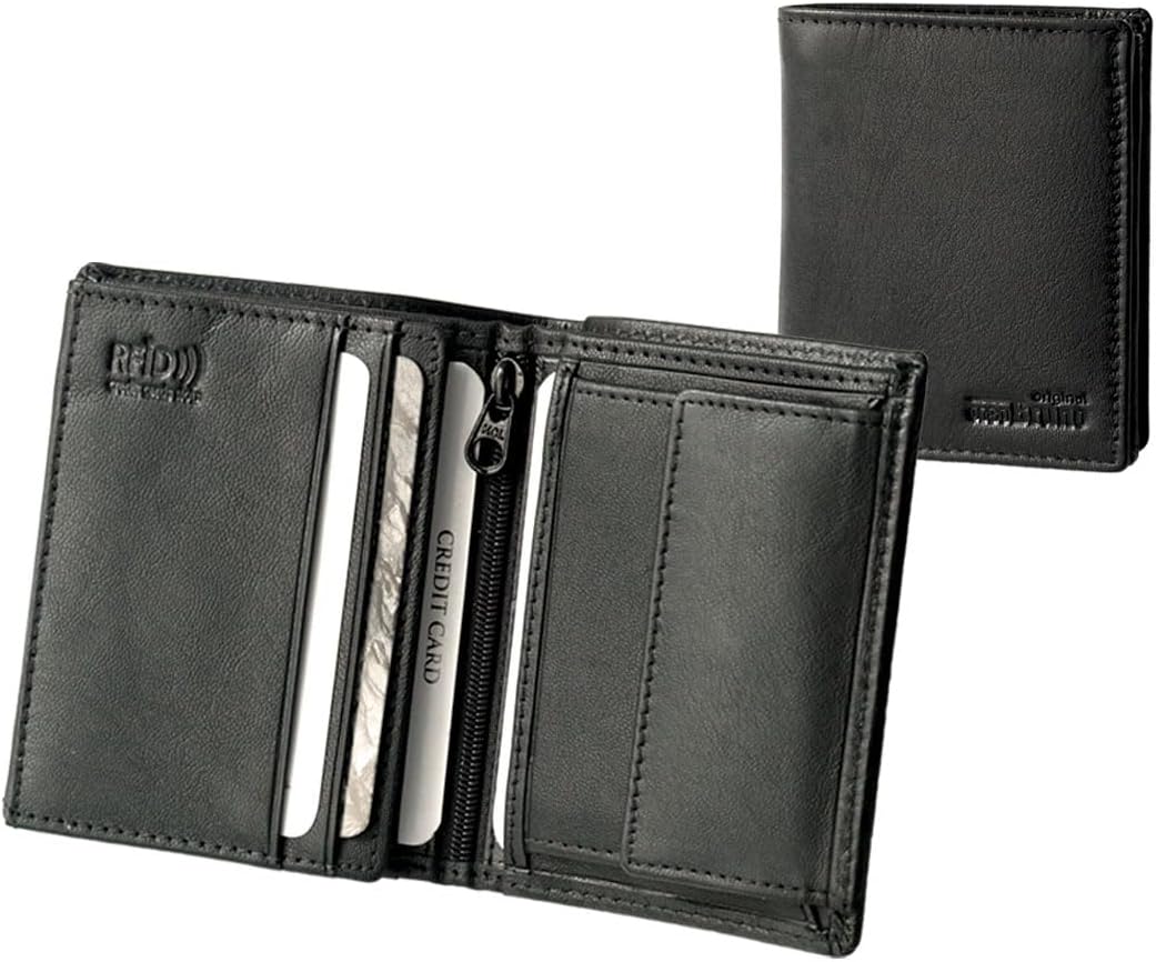 Mini Geldbörse Leder Herren schwarz RFID Schutz, kleine Herren Minigeldbörse Echtleder, Mini-Geldbeutel Kartenetui schwarz Portemonnaie klein, flaches schlankes schmales Portmonee Männer