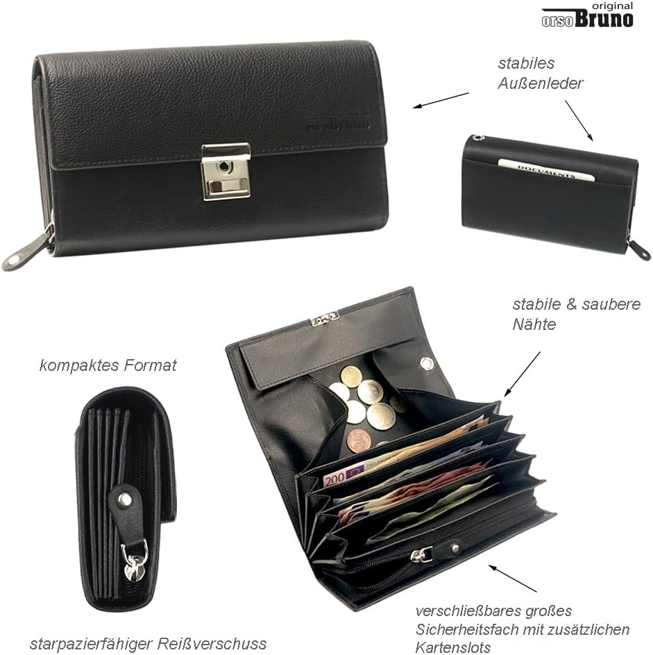 Echt-Leder Kellnerbörse Taxi Geldbörse Leder schwarz Kellner-Portemonnaie Kellner-Geldbörse Geldbeutel Portmonee mit großem Münzfach für Damen Herren