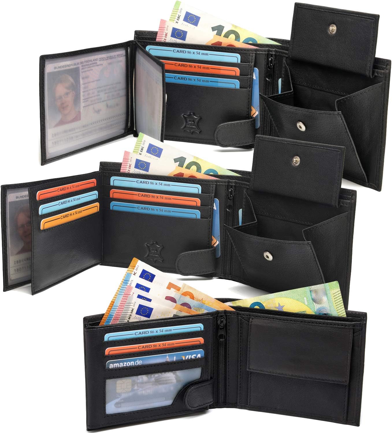 Fa.Volmer ® Leder Geldbörse Herren - extra-stabile Doppelnaht - 9 Fächer für Kreditkarten - Querformat - VO11 (01 schwarz)